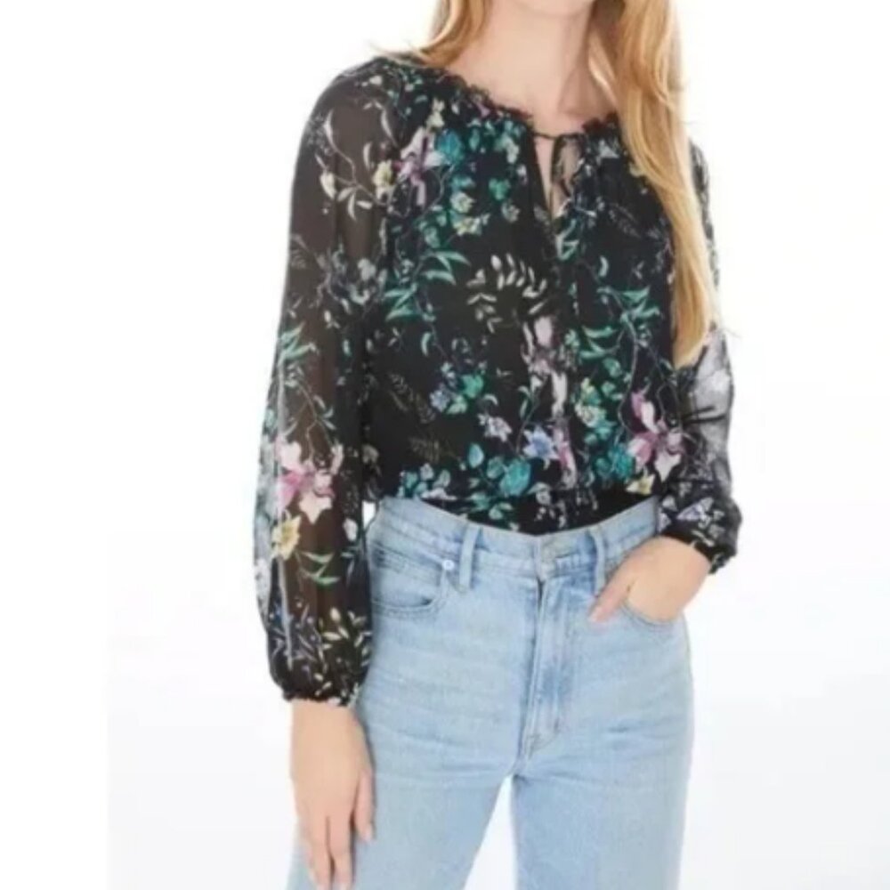 NWT Generation Love Hallie Floral Silk Blouse Black Wild Floral Size MED